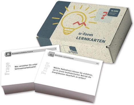 Zwei Karten mit Fragen: "Was verstehen Sie unter Vertrauensarbeitszeit?" und "Welche Maßnahmen, um Energiekosten zu senken?" Eine Box mit "u-form LERNKARTEN" und einer Glühbirnenskizze.