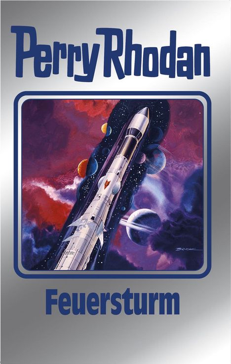 Text: "Perry Rhodan" und "Feuersturm". Eine Rakete fliegt durch einen bunten Weltraum mit Planeten und Wolken. Illustration.