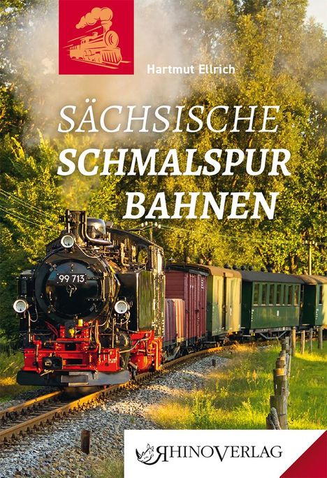 "Sächsische Schmalspurbahnen" von Hartmut Ellrich. Eine Dampflok fährt durch grüne Landschaft. Oben links ist ein Lok-Symbol.