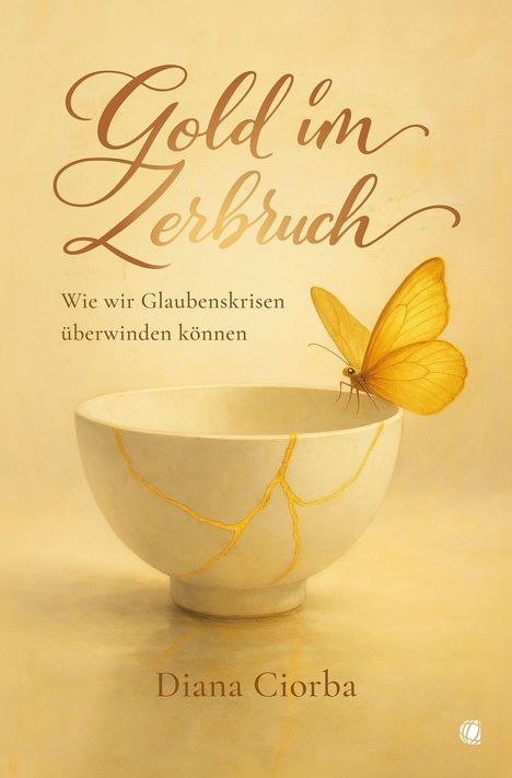 „Gold im Zerbruch: Wie wir Glaubenskrisen überwinden können.“ Illustration: Schale mit goldenen Rissen und Schmetterling.