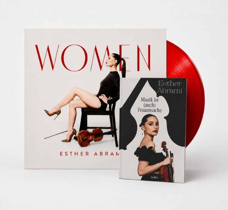 "WOMEN" und "Musik ist (auch) Frauensache" von Esther Abrami; daneben roter Vinyl und Fotos von ihr mit Geige.