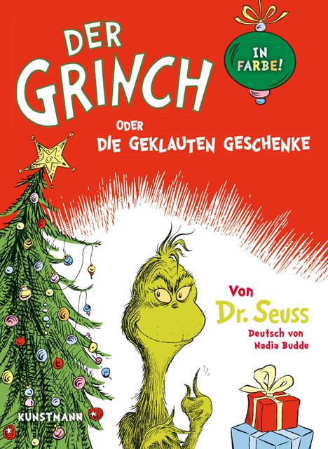 „Der Grinch oder die geklauten Geschenke“, Illustration mit Grinch, Weihnachtsbaum und Geschenken; farbenfroh gestaltet.