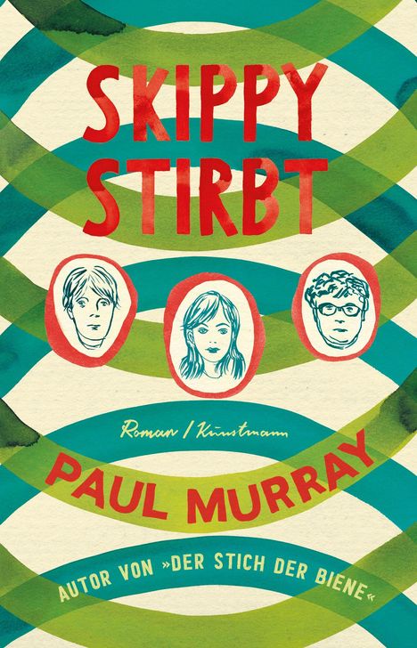 Titel: SKIPPY STIRBT. Roman/Kunstmann. Autor: PAUL MURRAY. Autor von „DER STICH DER BIENE“. Drei gezeichnete Gesichter. Wellenmuster.