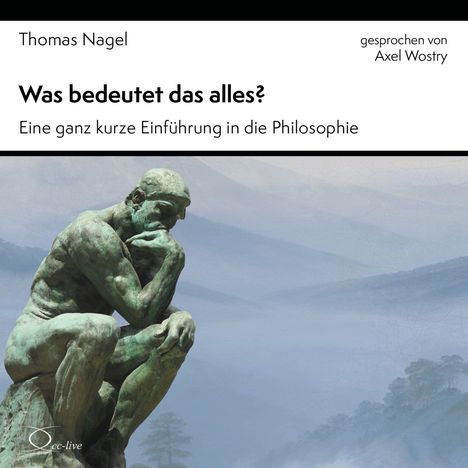 Text: "Thomas Nagel, Was bedeutet das alles? Eine ganz kurze Einführung in die Philosophie, gesprochen von Axel Wostry."  
Statue: Denker vor nebligem Hintergrund.