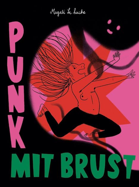 Text: "PUNK MIT BRUST". Eine Figur mit langen Haaren springt, umgeben von rosa und schwarzen Formen.