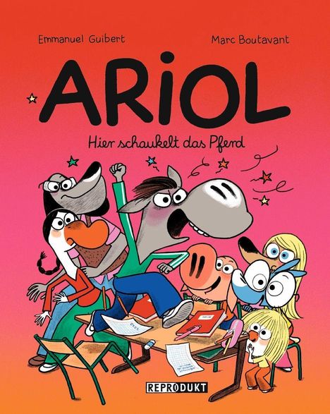 "Ariol: Hier schaukelt das Pferd" zeigt Tiere in fröhlicher Unordnung um einen Tisch, ein Esel springt aufgeregt.