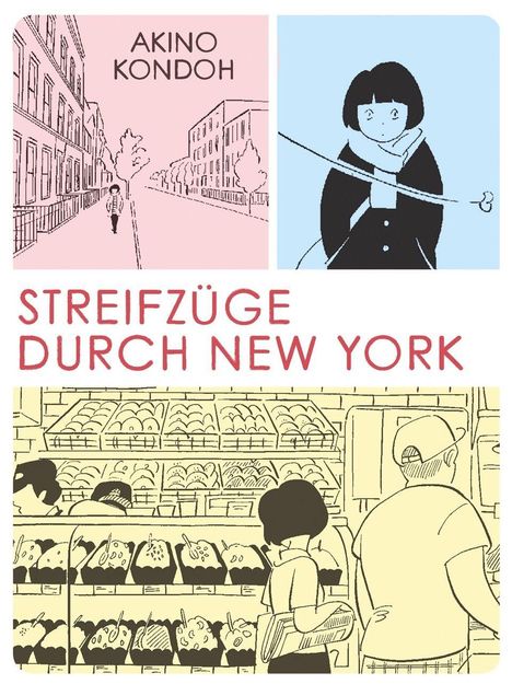 "Streifzüge durch New York", gezeichnete Szenen: Frau spaziert, Fensterbummel, Laden mit Auslagen.