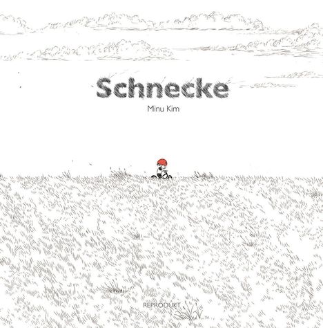 "Schnecke" von Minu Kim. Illustration: Kind mit rotem Hut in einer weiten Wiesenlandschaft, schwarz-weißer Stil.
