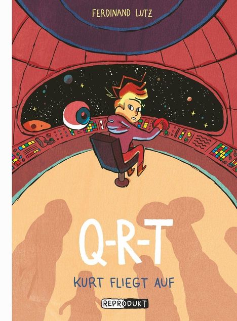 "Q-R-T Kurt fliegt auf." Ein Junge steuert ein Raumschiff, während er umgeben von Planeten und einem größen Auge ist.