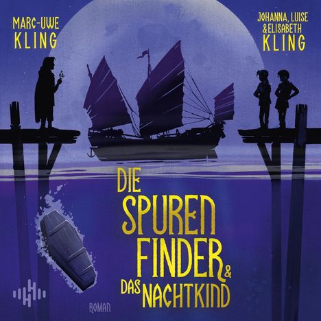 "Die Spurenfinder & das Nachtkind“; Namen oben: Marc-Uwe Kling, Johanna, Luise & Elisabeth Kling. Segelschiff im Mondschein.