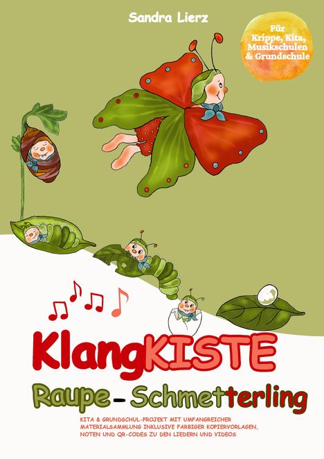 Titel: "KlangKISTE Raupe-Schmetterling". Illustration einer Raupe, die sich zum Schmetterling entwickelt.