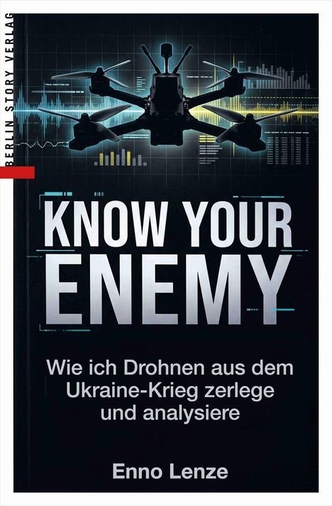 Titel: "KNOW YOUR ENEMY". Untertitel: "Wie ich Drohnen aus dem Ukraine-Krieg zerlege und analysiere". Von Enno Lenze. Sternförmige Drohnen-Illustration.