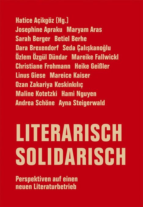 17 Namen in Weiß. "LITERARISCH SOLIDARISCH" groß. Rot, schlichtes Design. "Perspektiven..." Text darunter.