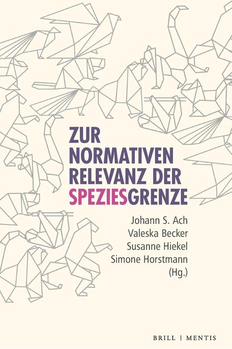 Text: "Zur normativen Relevanz der Speziesgrenze." Geometrische Origami-Tiere auf hellbeigem Hintergrund.