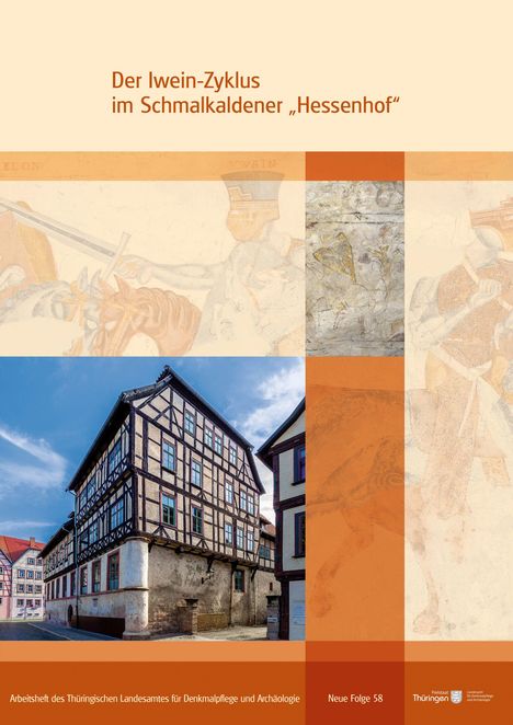 Der Iwein-Zyklus im Schmalkaldener "Hessenhof". Fachwerkgebäude vor blauem Himmel; historische Malereien.