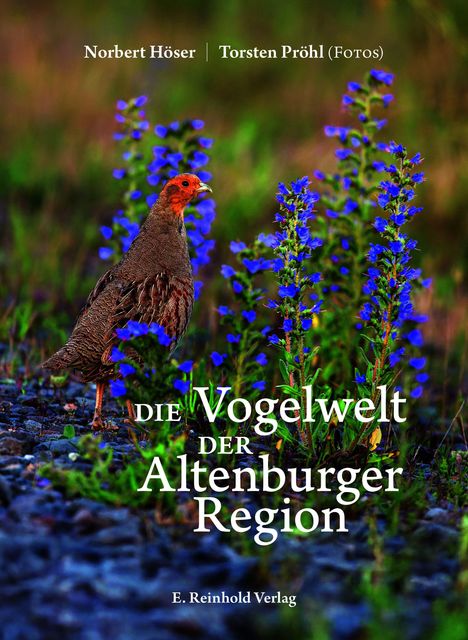 "Die Vogelwelt der Altenburger Region". Ein Rebhuhn steht zwischen blauen Blumen in einer natürlichen Umgebung.