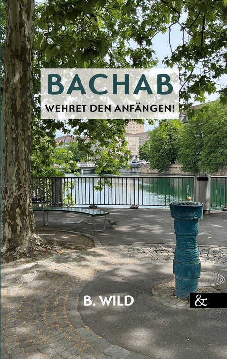 „BACHAB, WEHRET DEN ANFÄNGEN! B. WILD“ auf Bäumen am Wasser, mit Bank und Brunnen im Vordergrund.