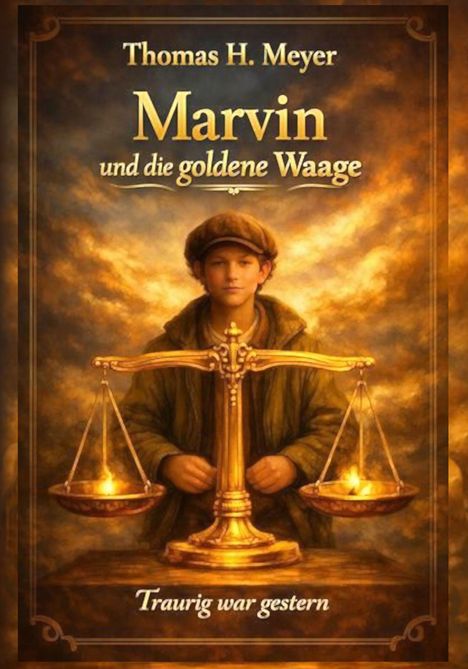 "Thomas H. Meyer: Marvin und die goldene Waage. Traurig war gestern." Ein Junge mit Mütze hält eine goldene Waage.