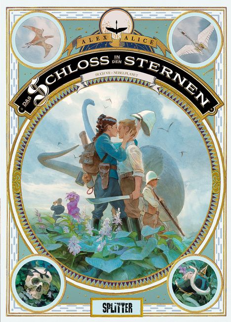 „Das Schloss in den Sternen“ steht prominent. Illustration mit zwei Menschen in Expeditionstracht, umgeben von Pflanzen und Flugwesen.