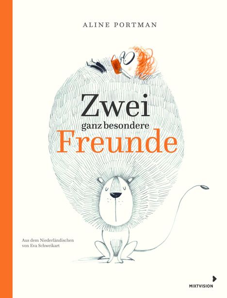 „Zwei ganz besondere Freunde“ steht groß in der Mitte. Illustration: Ein Löwe mit einer Person, die auf seinem Kopf liegt.