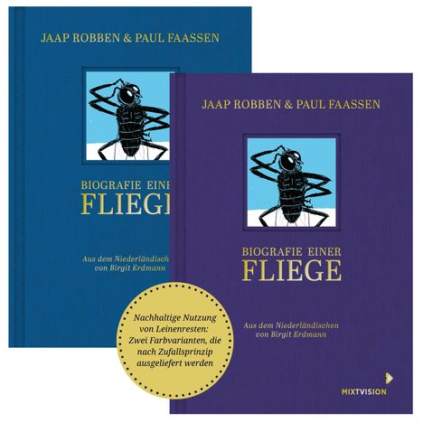 Zwei Buchumschläge mit dem Titel "Biografie einer Fliege" von Jaap Robben und Paul Faassen. Illustration einer Fliege.