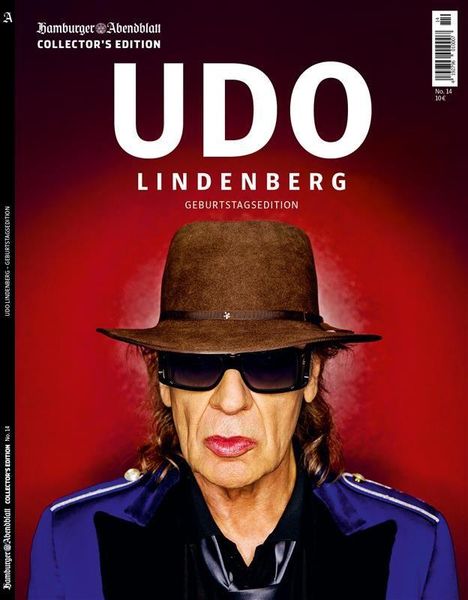 "UDO LINDENBERG GEBURTSTAGSEDITION" steht vorne; Porträt eines Mannes mit Hut und Sonnenbrille, dunkelroter Hintergrund.