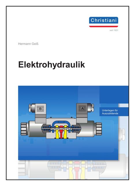 Text: "Hermann Geiß, Elektrohydraulik, Unterlagen für Auszubildende." Oben rechts ein blau-weiß-rotes Logo, unten eine technische Illustration.