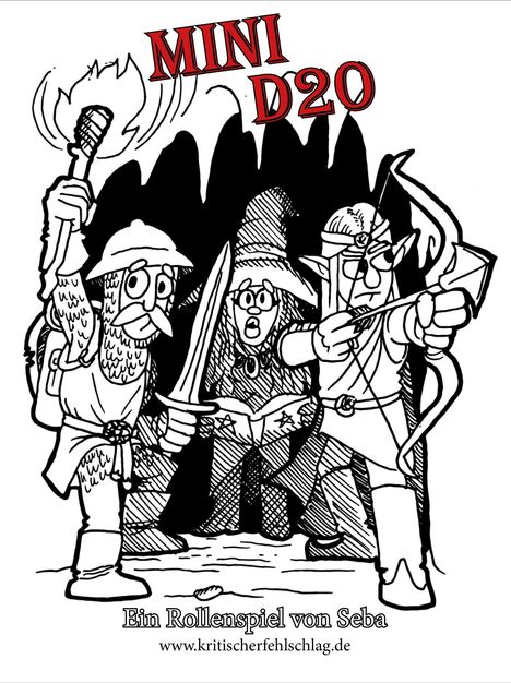"MINI D20" in rotem Text. Eine Illustration zeigt drei Abenteurer: einen Krieger, Zauberer und Bogenschützen.