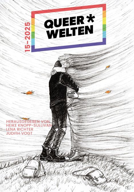"QUEER* WELTEN 15-2025" steht in einem Regenbogen-Rahmen. Darunter umarmen sich zwei Personen.