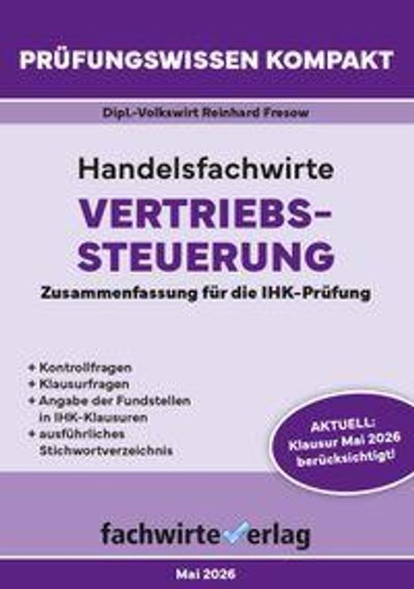 "Handelsfachwirte Vertriebssteuerung", kompakt, mit Prüfungsthemen und aktuellen Klausurhinweisen, lila Design.