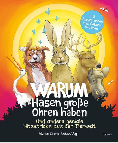 Titel: "WARUM Hasen große Ohren haben". Illustration mit Tieren vor einem Sonnenhintergrund.