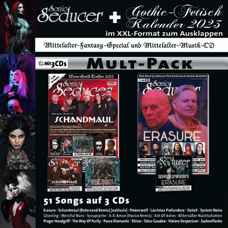 Sonic Seducer Multipack 01/23 (07-08/22+09/22) inkl. Gothic Fetisch Kalender 2023, 3CDs: Schandmaul, Depeche Mode, Rammstein, Erasure, Powerwolf uvm., Buch