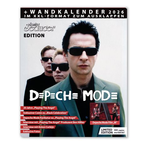 „WANDKALENDER 2026“ und „Sonic Seducer EDITION“. „DEPECHE MODE“ steht über einem Bild von drei Männern in Anzügen.