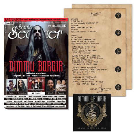 Texte: "DIMMU BORGIR", "Exklusive Interviews", "16 Tracks", "Ascent", "Infinite is the plunge". Magazin-Cover, Textseiten, Album-Cover.