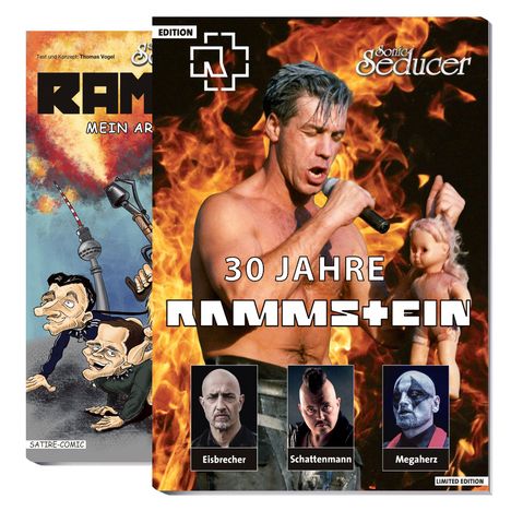 "30 Jahre Rammstein", "Eisbrecher", "Schattenmann", "Megaherz". Ein Mann mit Mikrofon vor Flammen. Comic links.