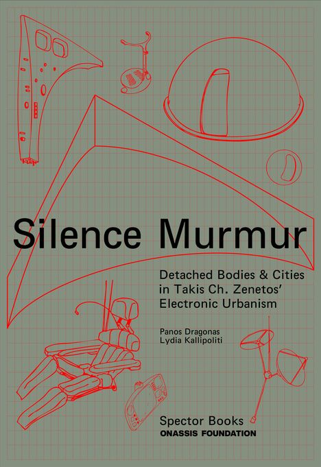 „Silence Murmur“ steht groß auf einem karierten Hintergrund mit roten, futuristischen Skizzen von Objekten.