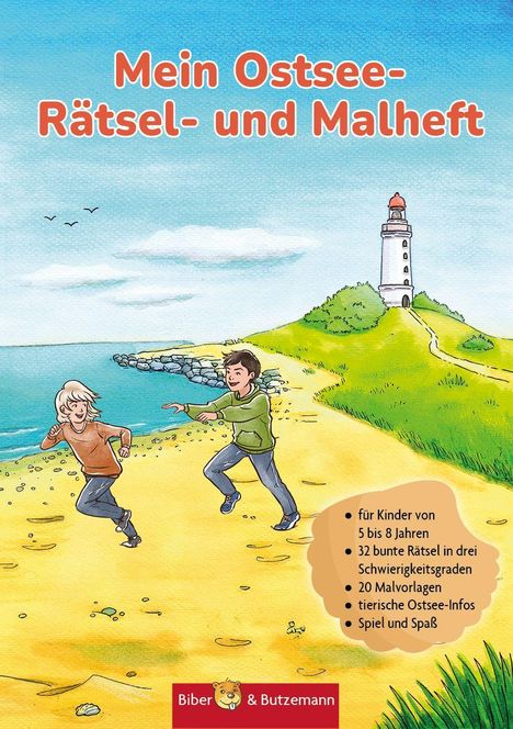 Titel: "Mein Ostsee-Rätsel- und Malheft". Zwei Kinder laufen am Strand, Leuchtturm im Hintergrund. Logo: Biber & Butzemann.