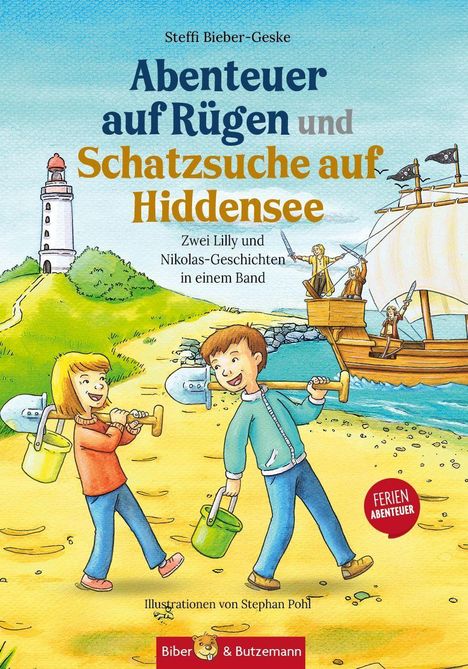 "Abenteuer auf Rügen und Schatzsuche auf Hiddensee." Zwei Kinder mit Schaufeln am Strand, Leuchtturm im Hintergrund, Schiff.