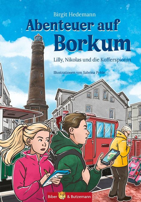 "Abenteuer auf Borkum" von Birgit Hedemann. Eine Illustration zeigt Kinder mit Zügen und Leuchtturm im Hintergrund.