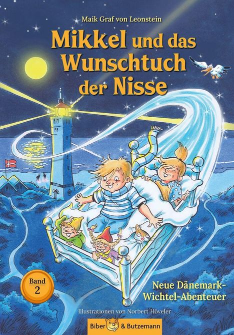 Titel: "Mikkel und das Wunschtuch der Nisse". Band 2. Illustration eines magischen Bettes im Nachthimmel.