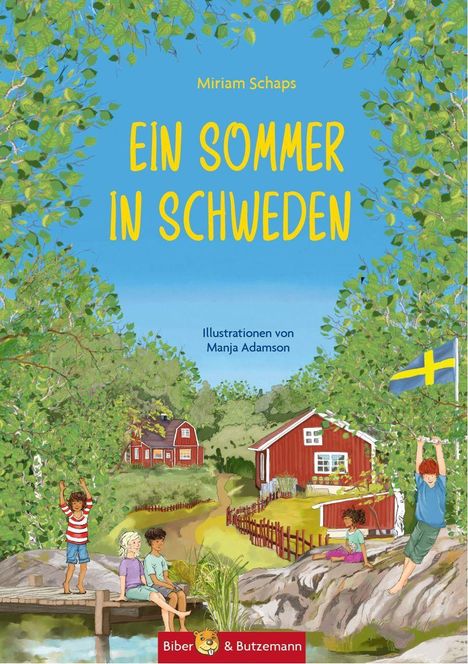 "Ein Sommer in Schweden", Miriam Schaps. Kinder spielen, rote Holzhäuser, schwedische Flagge, umgeben von grüner Natur.