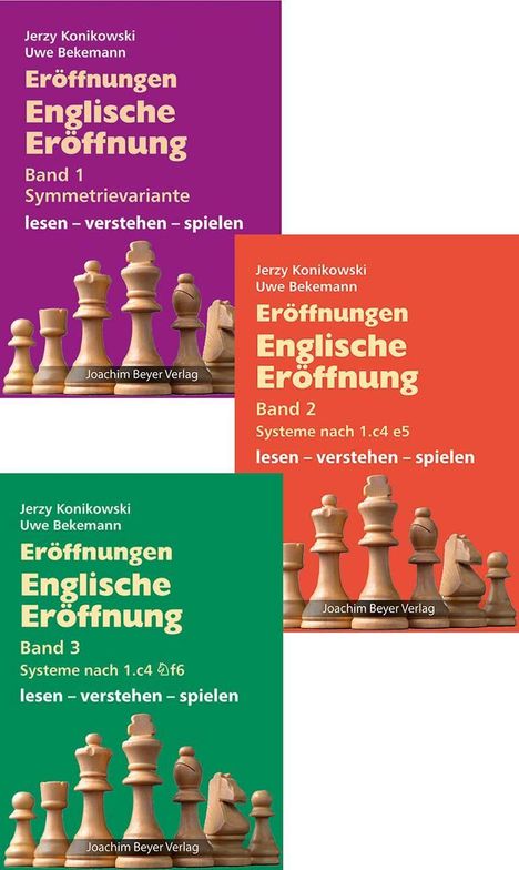 Drei Buchcover über Schacheröffnungen, jeweils mit dem Titel "Eröffnungen Englische Eröffnung" und Schachfiguren darauf.