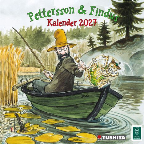 "Pettersson & Findus Kalender 2027." Illustration: Mann angelt im Boot, Katze springt. Hintergrund: Natur, Bäume, Teich.