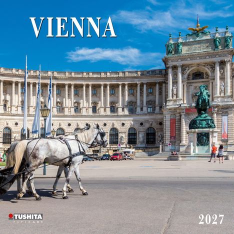 "VIENNA" und "2027". Ein prächtiges historisches Gebäude mit Kutsche im Vordergrund und blauem Himmel.