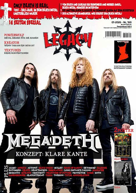 Titelseite eines Magazins: Legacy, Megadeth im Fokus, Konzept: Klare Kante, inklusive 18-seitigem Special zu Death Metal.