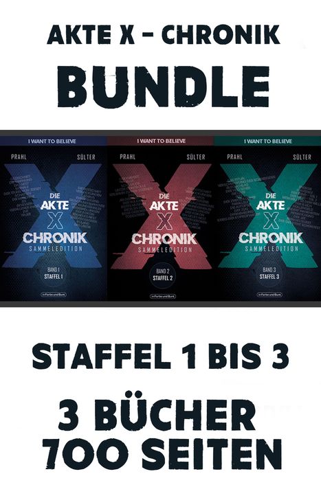 AKTE X – CHRONIK BUNDLE: Staffel 1 bis 3, 3 Bücher, 700 Seiten. Buchcover in Blau, Rot und Grün.