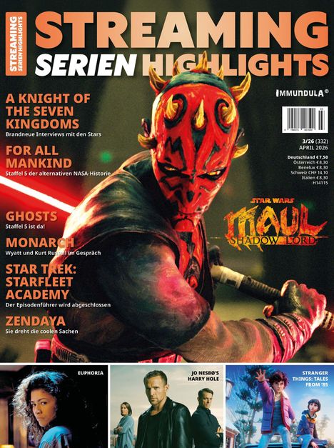 STREAMING SERIEN HIGHLIGHTS. Ein roter, gehörnter Charakter hält ein Schwert. Verschiedene Serienankündigungen.