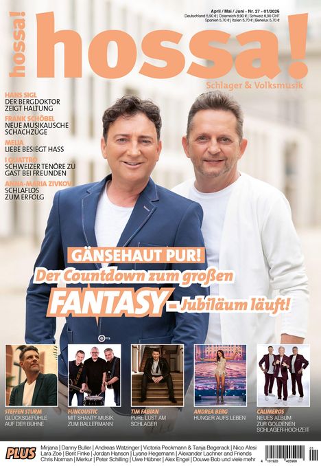Titel: "hossa! Schlager & Volksmusik." Haupttext: "Gänsehaut pur! Der Countdown zum großen Fantasy-Jubiläum läuft!" Zwei Männer im Vordergrund.