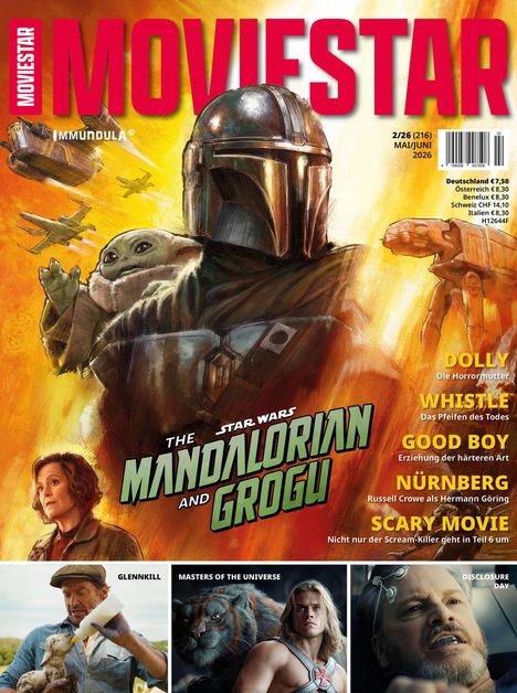 MOVIESTAR, IMUNDULA ®, 2/26 (216) MAI/JUNI 2026, Deutschland €7,50, MANDALORIAN AND GROGU. Illustration mit Sci-Fi-Motiven.