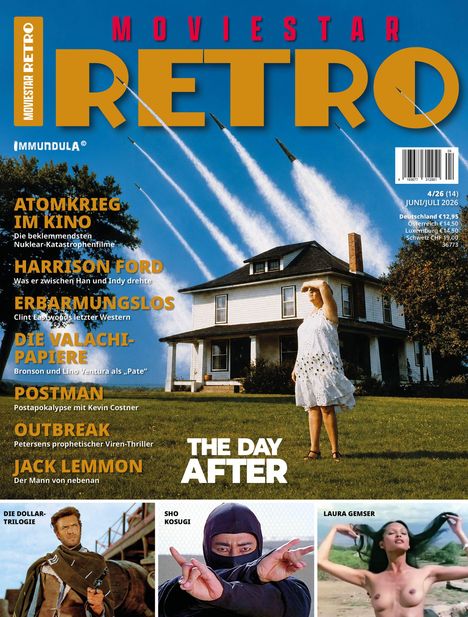 Oben steht "MOVIESTAR RETRO". Weitere Texte: "ATOMKRIEG IM KINO", "HARRISON FORD", "THE DAY AFTER". Frau vor Haus, Raketen.